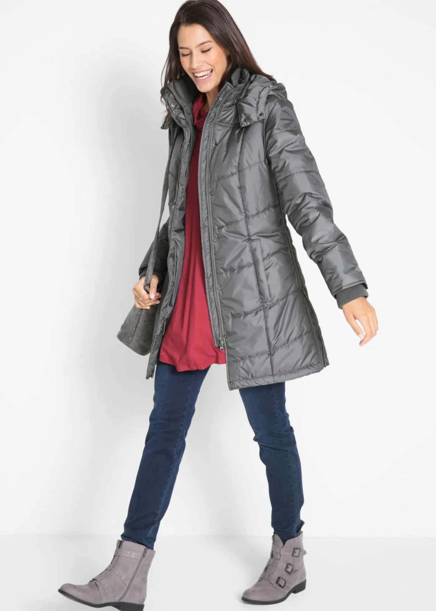 bonprix bonprix Chaquetas Y Abrigos>Chaqueta larga guateada con cuello y capucha Gris humo