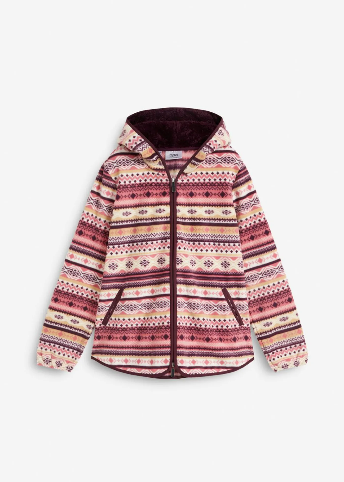 bonprix bonprix Ropa Cómoda|Chaquetas Y Abrigos>Chaqueta polar con capucha y estampado noruego sorbete de frutos rojos
