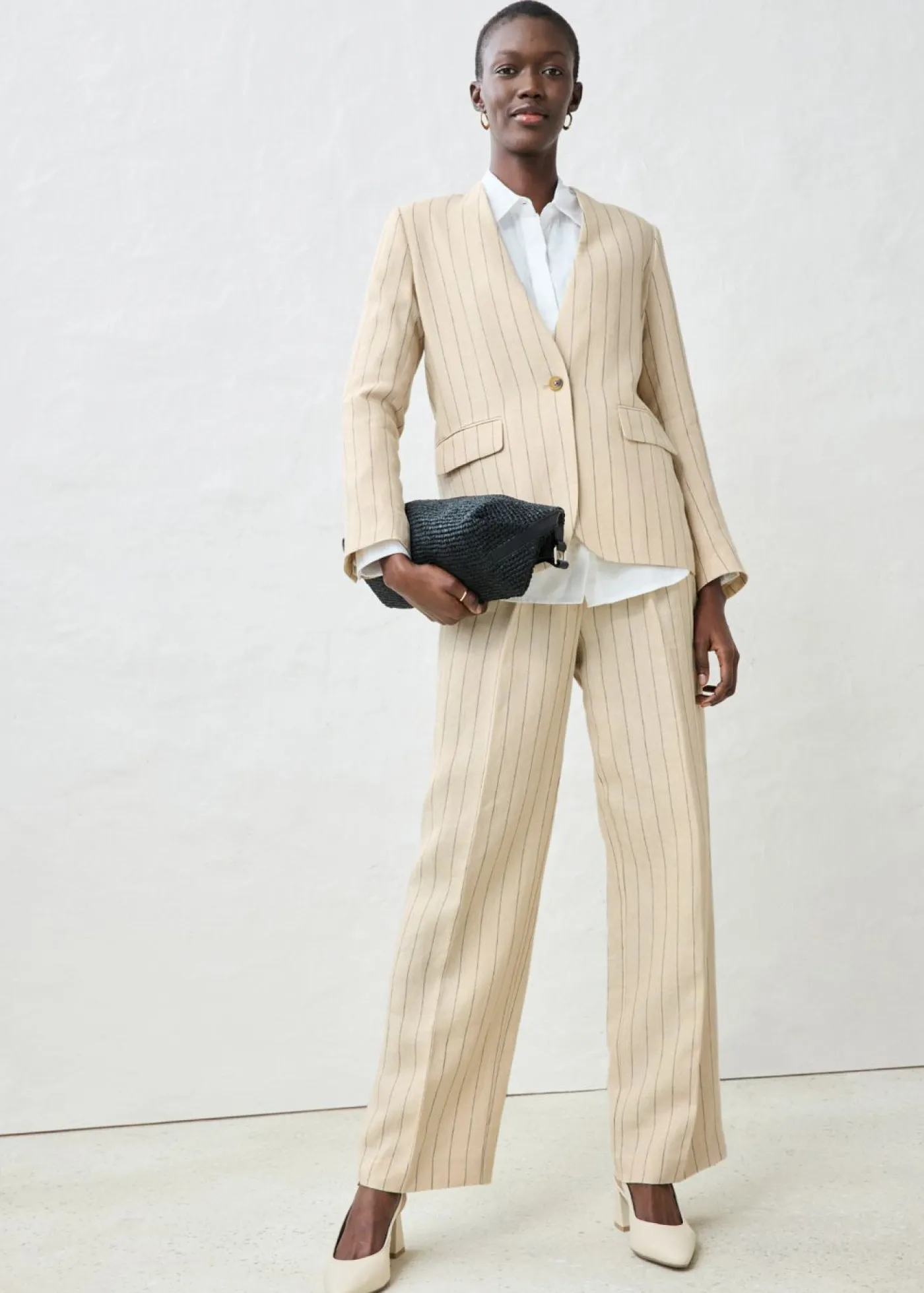 bonprix bonprix Premium|Blazers>Chaqueta sin cuello de lino puro arena claro con rayas