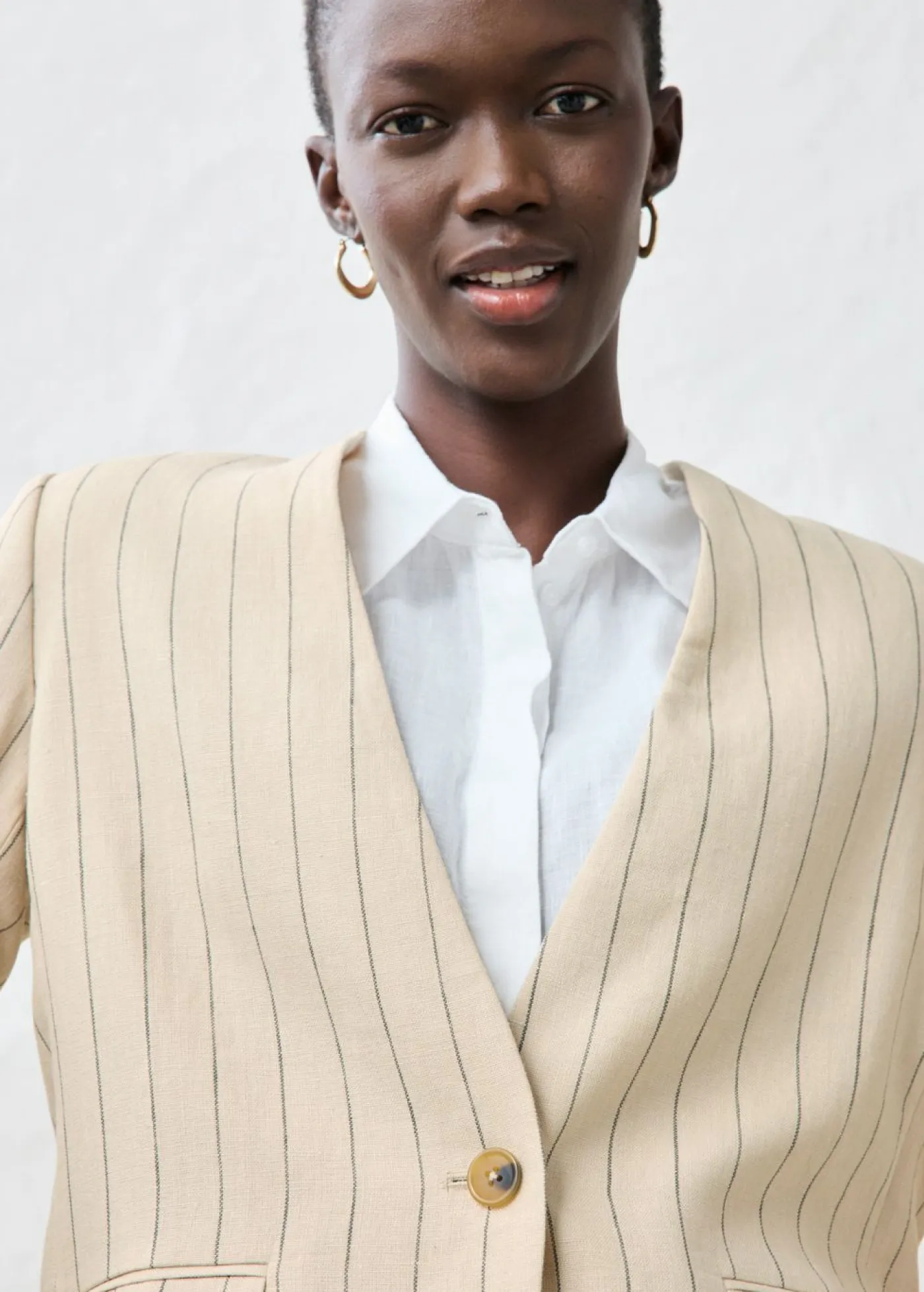 bonprix bonprix Premium|Blazers>Chaqueta sin cuello de lino puro arena claro con rayas