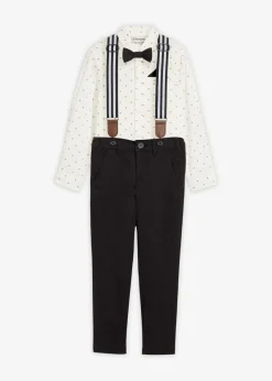 Niños bonprix bonprix Conjunto de camisa de manga larga, pantalón elástico, tirantes y pajarita (4 piezas)