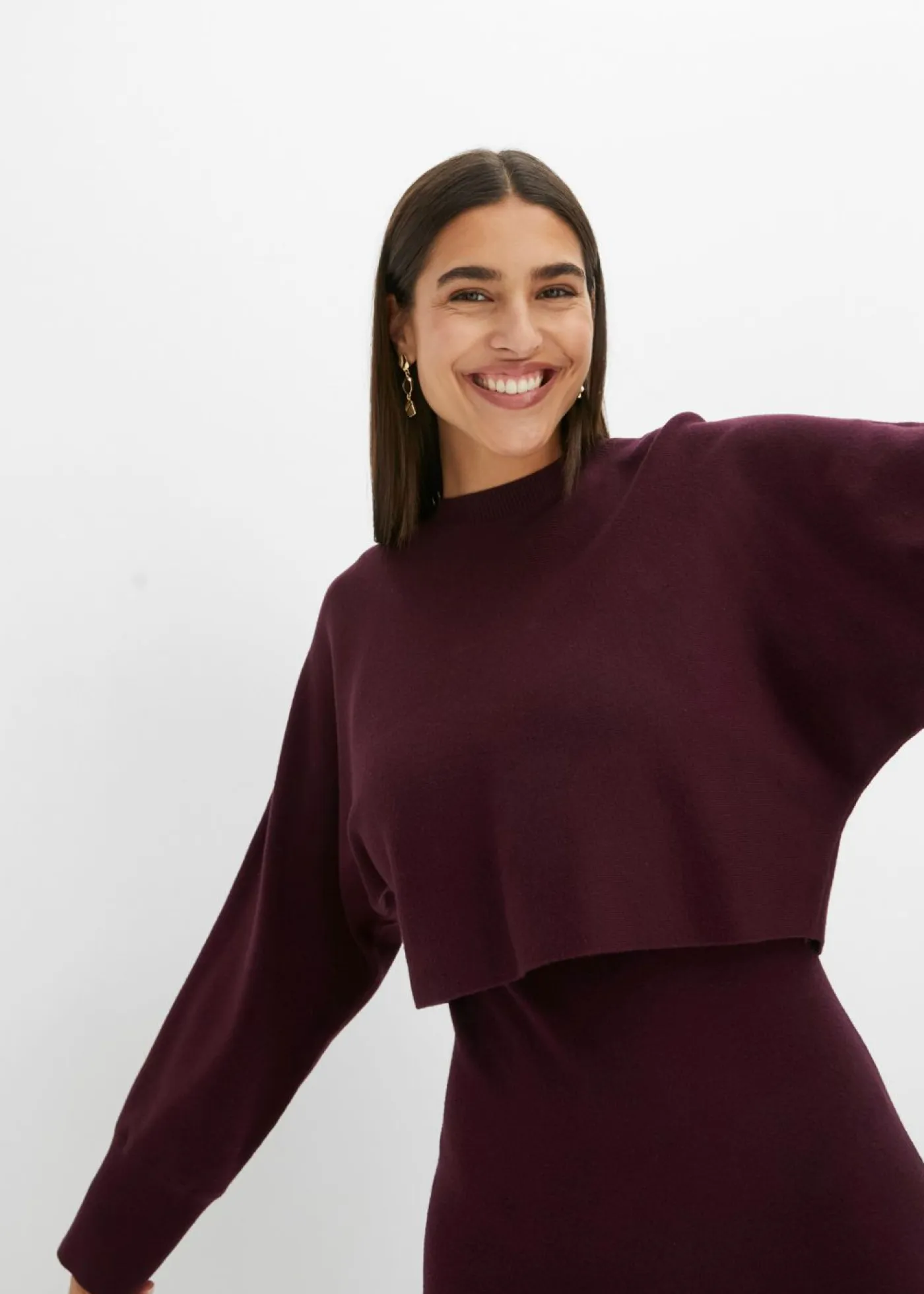 bonprix bonprix Vestidos>Conjunto de vestido de punto (2 piezas) rojo burdeos