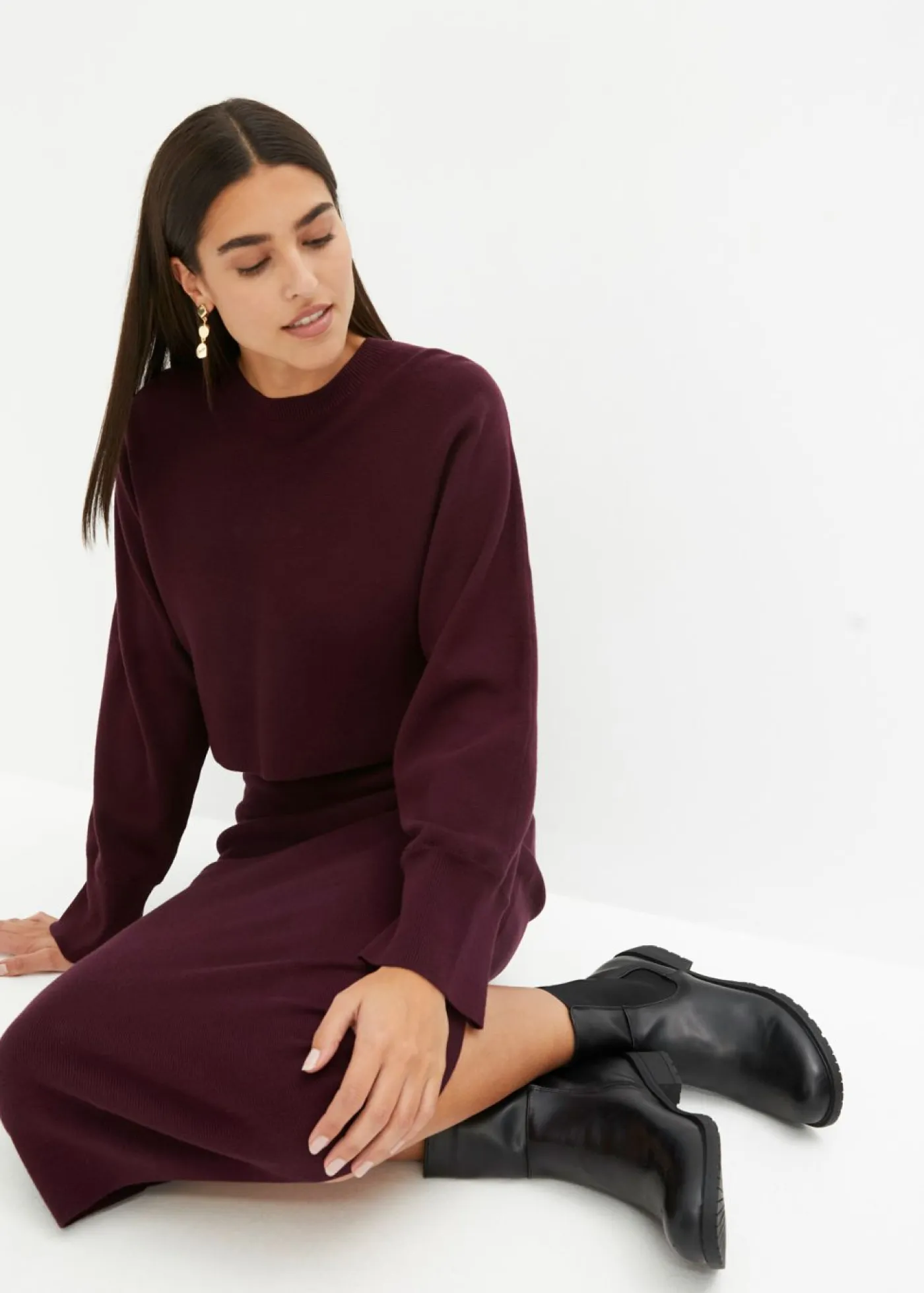 bonprix bonprix Vestidos>Conjunto de vestido de punto (2 piezas) rojo burdeos