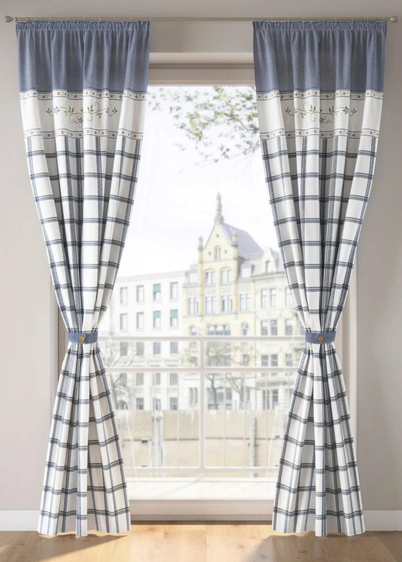 bonprix bonprix Muebles De Sala De Estar·Cortinas De Salón|Cortinas Para Dormitorio>Cortina de algodón orgánico con alzapaños (1 unidad) Azul a cuadros