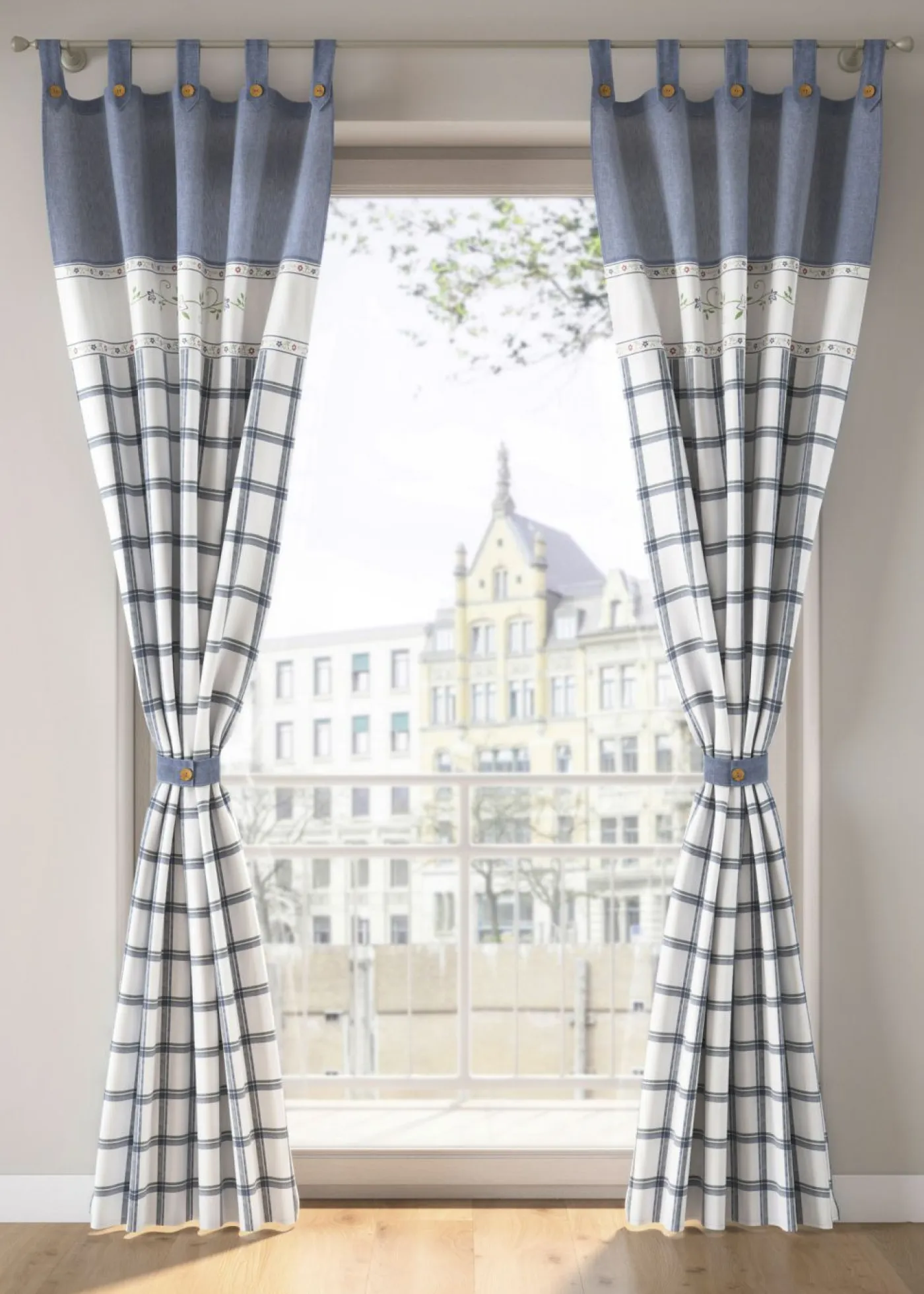 bonprix bonprix Muebles De Sala De Estar·Cortinas De Salón|Cortinas Para Dormitorio>Cortina de algodón orgánico con alzapaños (1 unidad) Azul a cuadros