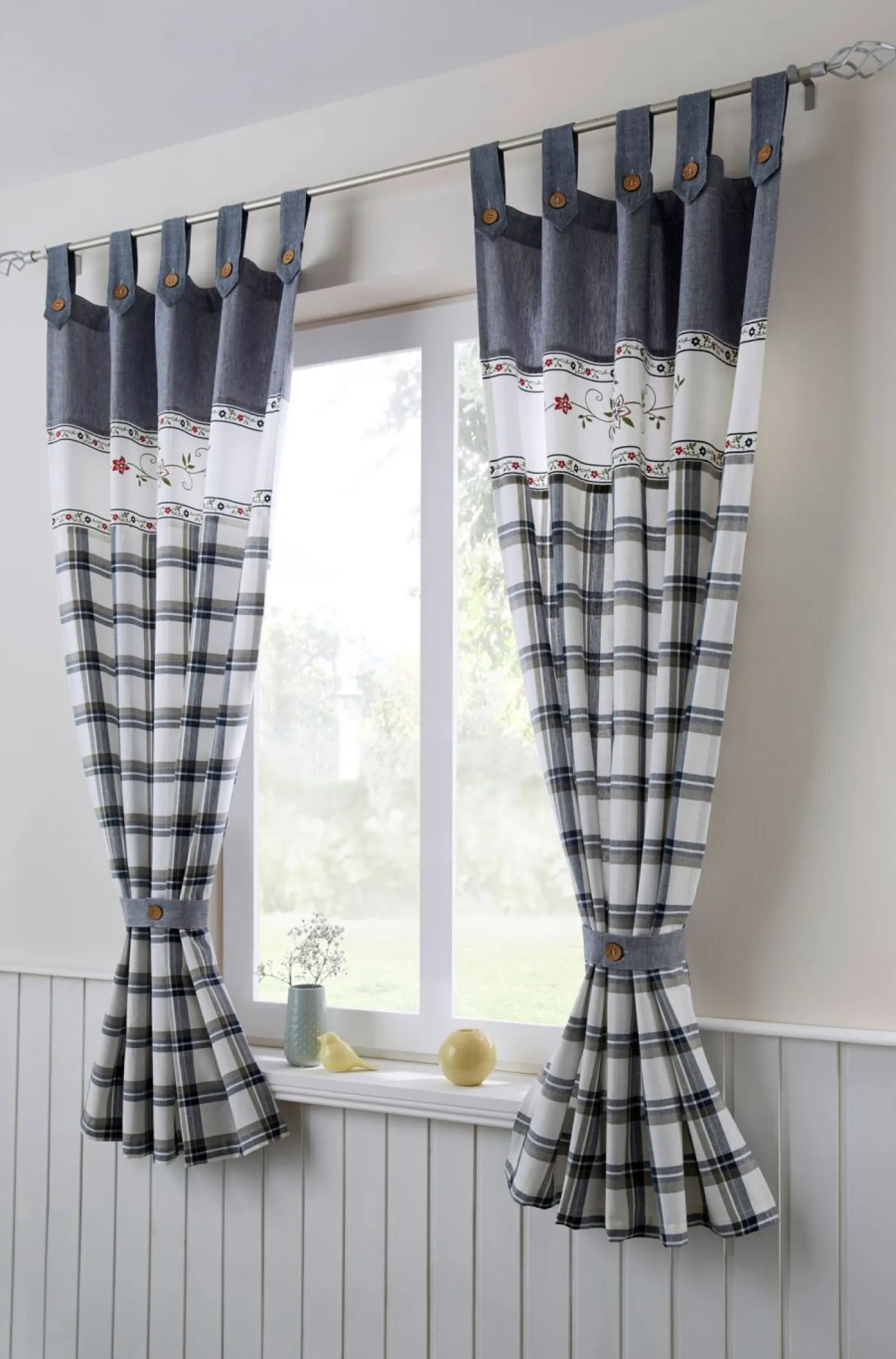 bonprix bonprix Muebles De Sala De Estar·Cortinas De Salón|Cortinas Para Dormitorio>Cortina de algodón orgánico con alzapaños (1 unidad) Azul a cuadros