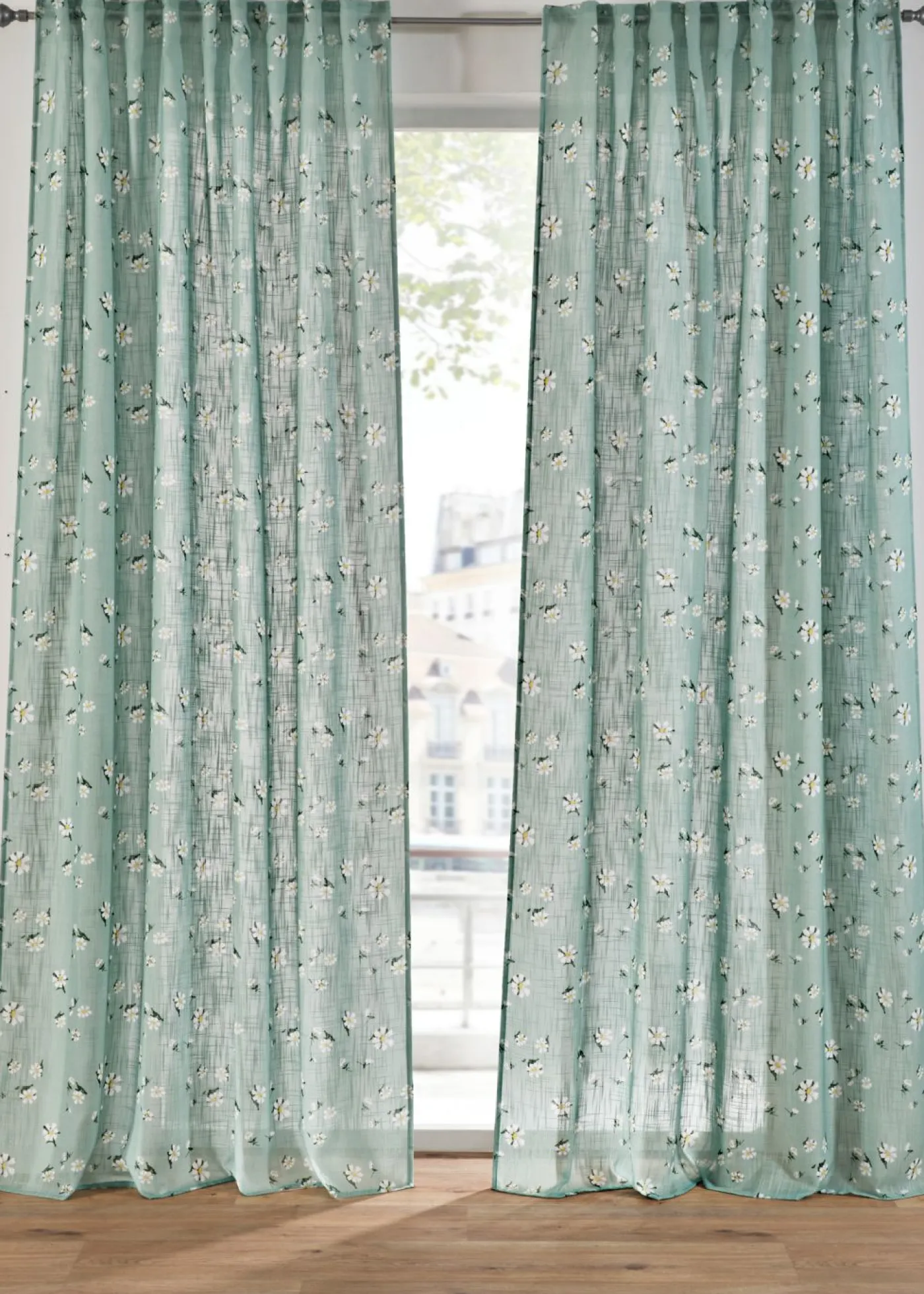 bonprix bonprix Muebles De Sala De Estar·Cortinas De Salón|Cortinas Para Dormitorio>Cortina de poliéster reciclado con estampado de flores (1 unidad) verde-blanco con flores