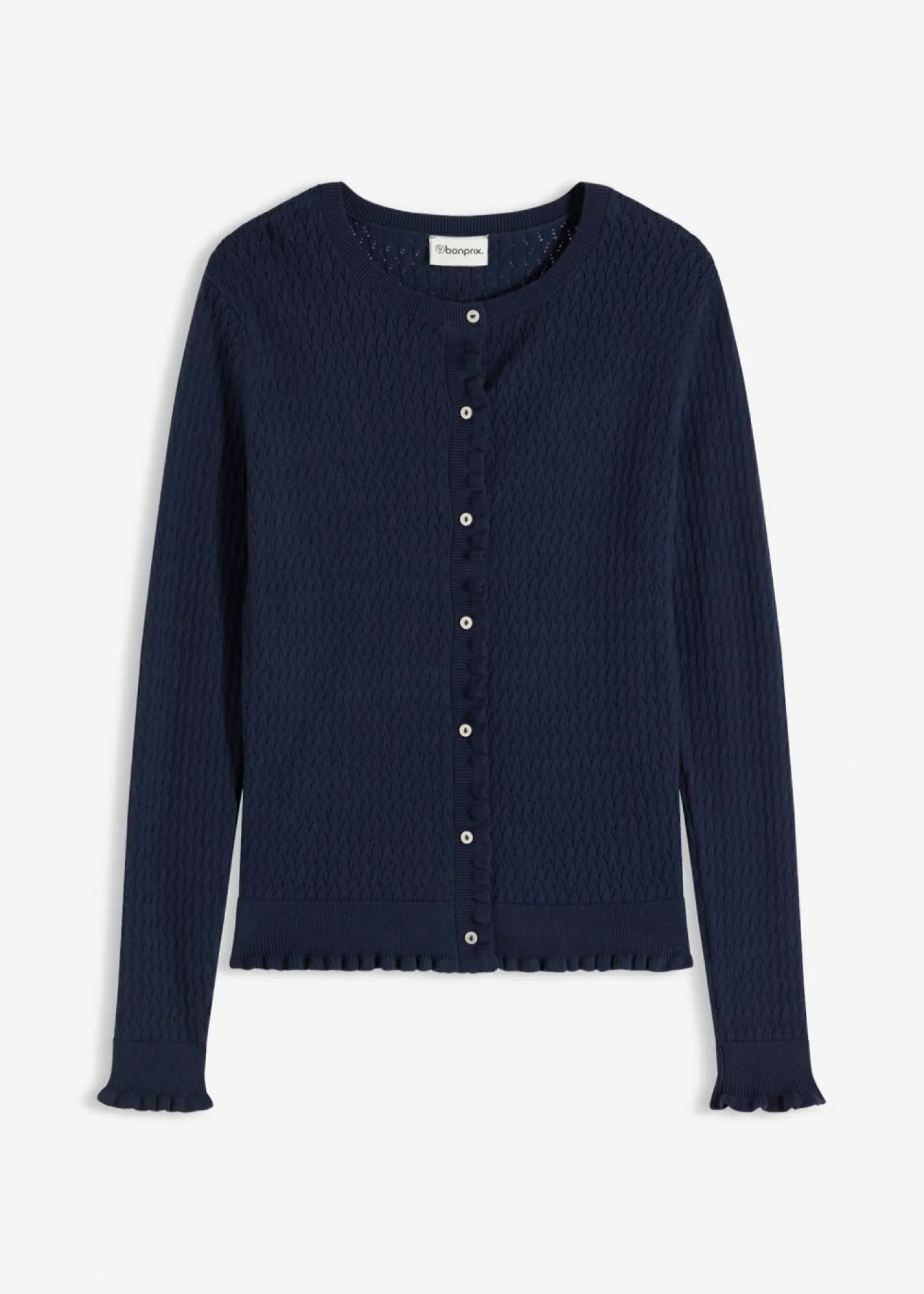 bonprix bonprix Jerséis|Novedades>Cárdigan de ajour de mezcla de algodón Azul marino