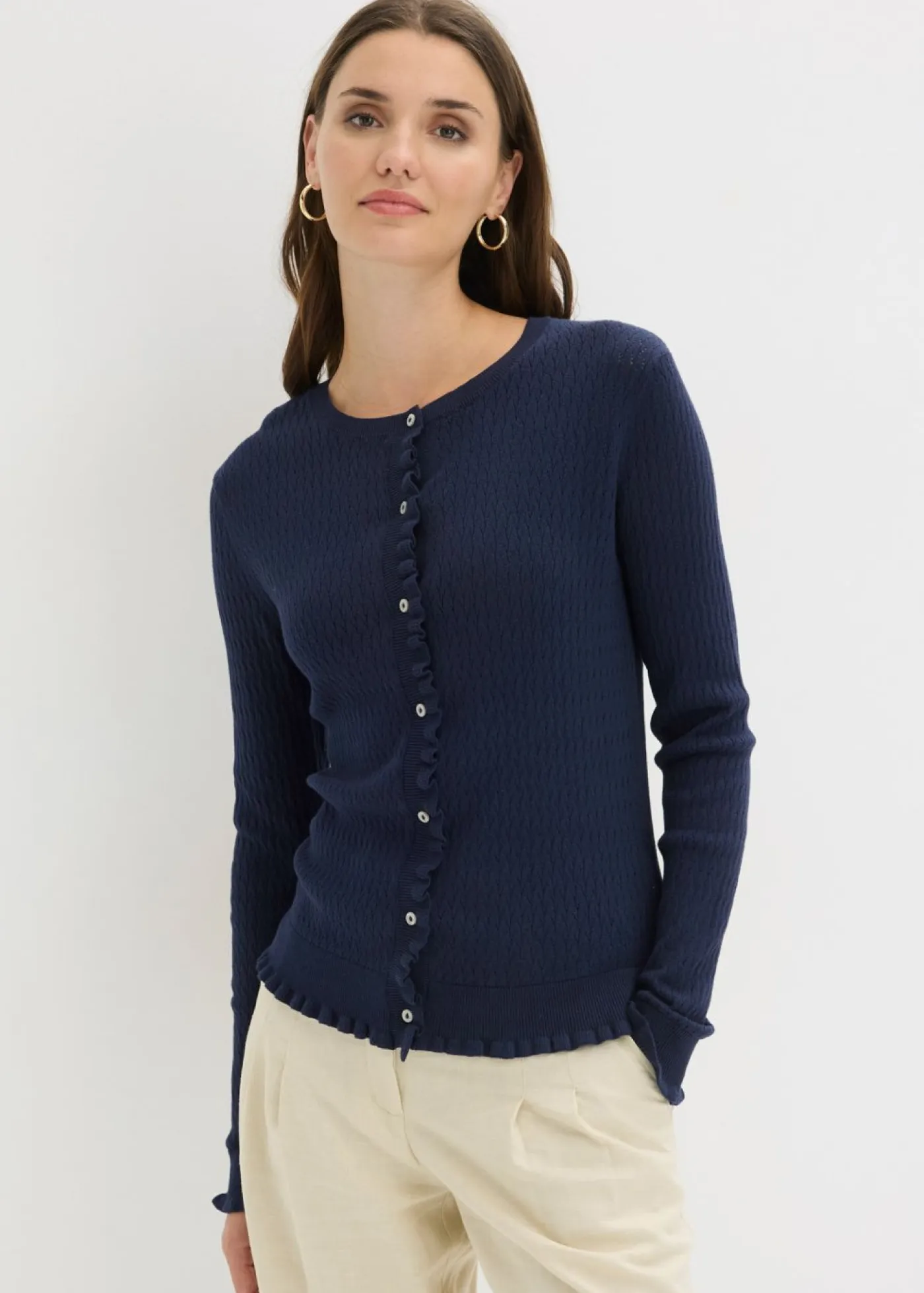 bonprix bonprix Jerséis|Novedades>Cárdigan de ajour de mezcla de algodón Azul marino