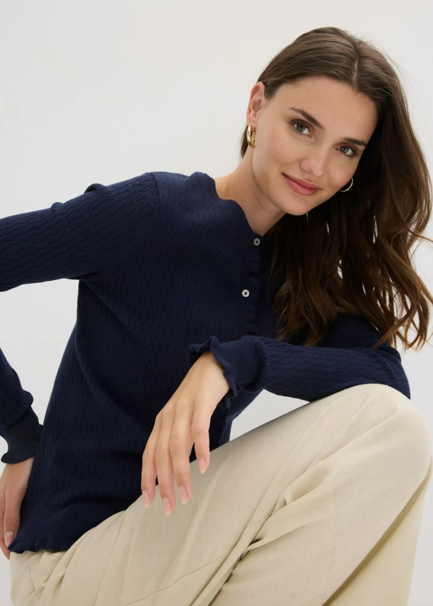 bonprix bonprix Jerséis|Novedades>Cárdigan de ajour de mezcla de algodón Azul marino