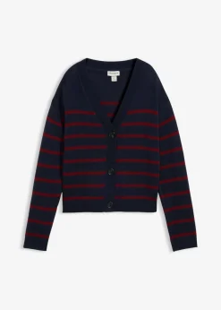 bonprix bonprix Jerséis|Ropa De Punto>Cárdigan de mezcla de algodón azul marino/rojo rubí con rayas