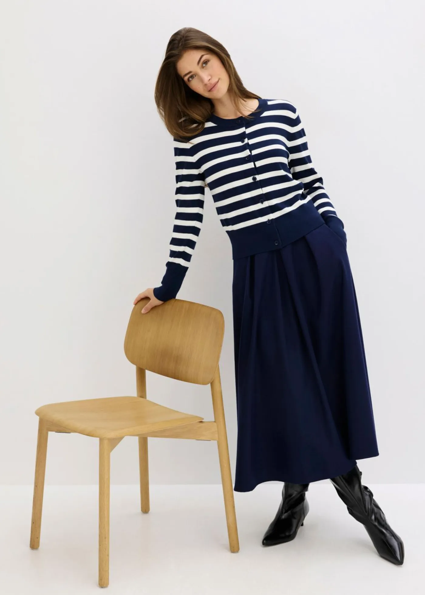 bonprix bonprix Jerséis|Ropa De Punto>Cárdigan de punto fino con rayas azul marino/blanco lana con rayas