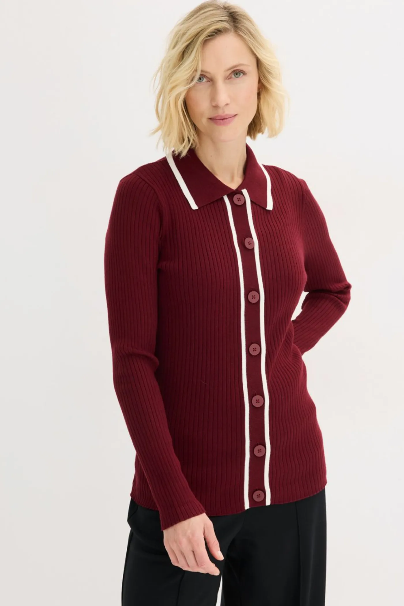 bonprix bonprix Jerséis|Ropa De Punto>Cárdigan Smart rojo rubí-blanco lana