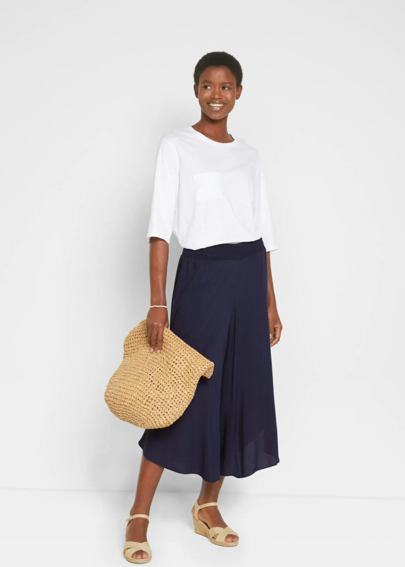 bonprix bonprix Pantalones>Culotte hasta la pantorrilla de viscosa sostenible Azul marino