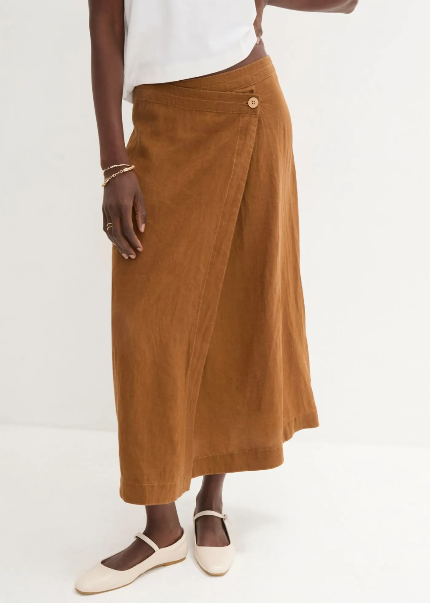 bonprix bonprix Premium|Faldas>Falda cruzada de lino puro Marrón coñac