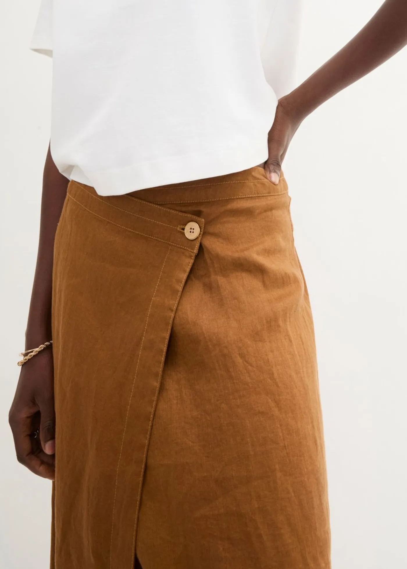 bonprix bonprix Premium|Faldas>Falda cruzada de lino puro Marrón coñac