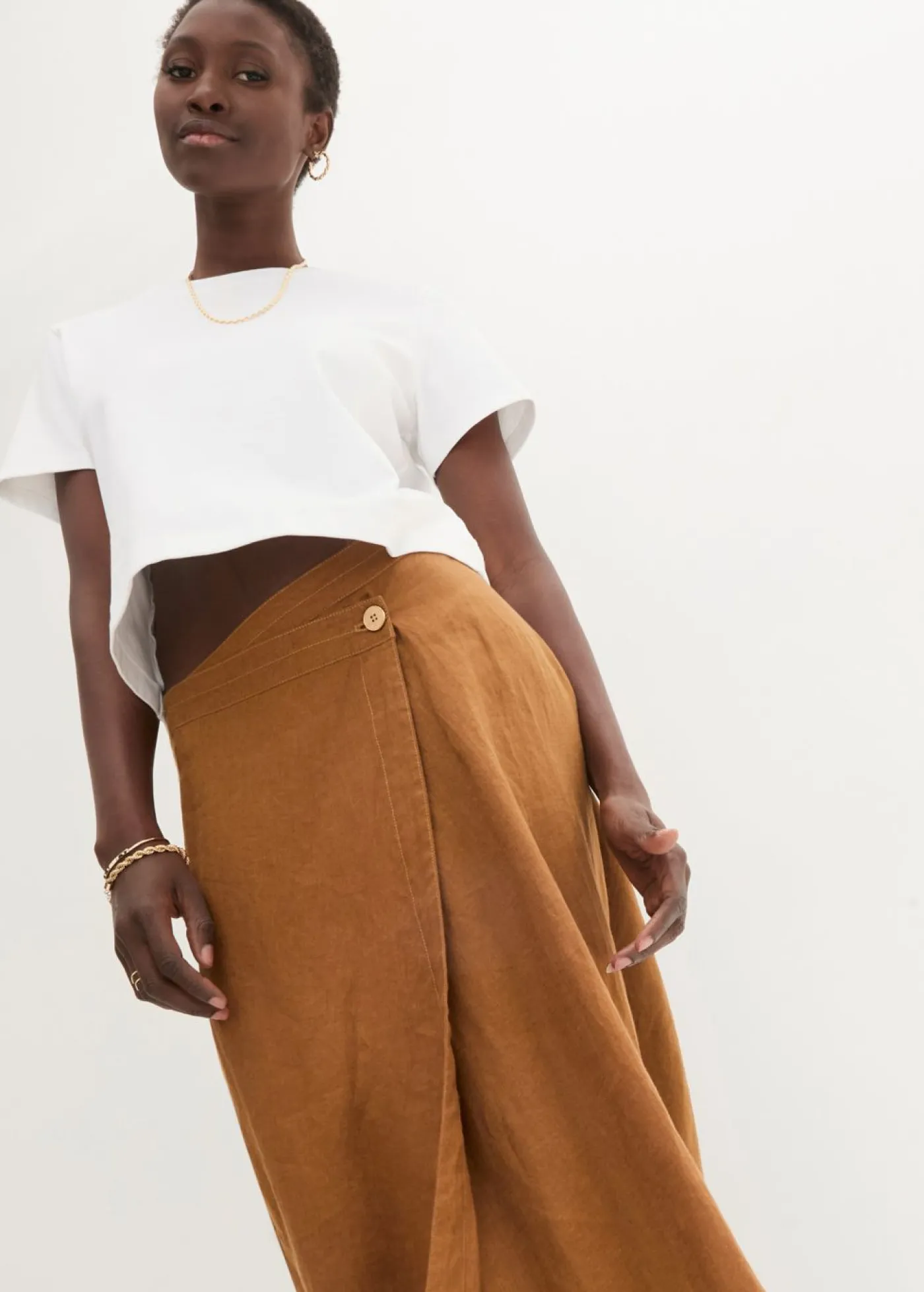 bonprix bonprix Premium|Faldas>Falda cruzada de lino puro Marrón coñac