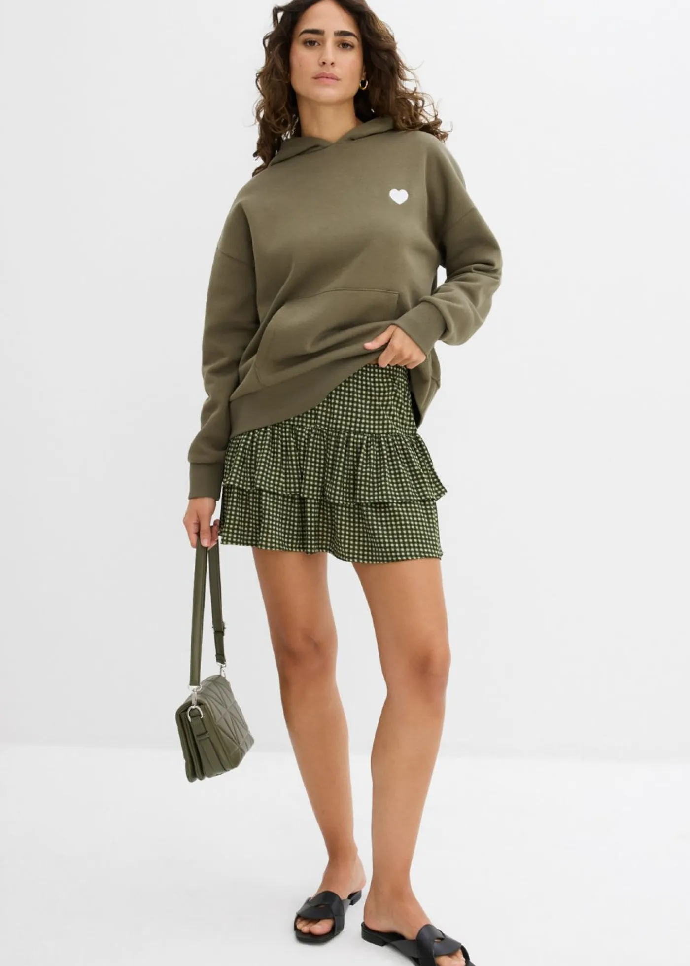 bonprix bonprix Faldas>Falda de capas de crepé estructurado verde alga a cuadros