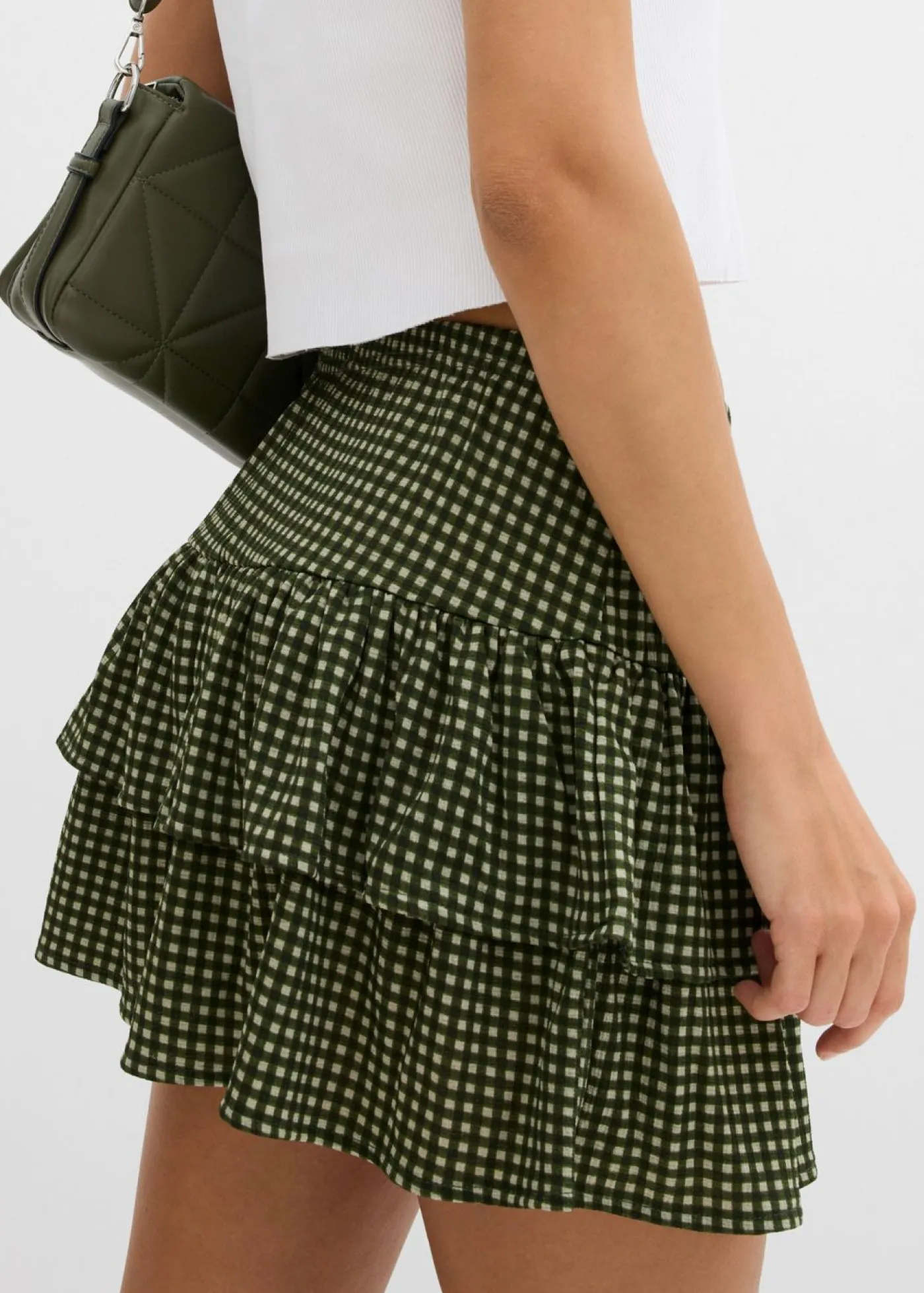 bonprix bonprix Faldas>Falda de capas de crepé estructurado verde alga a cuadros