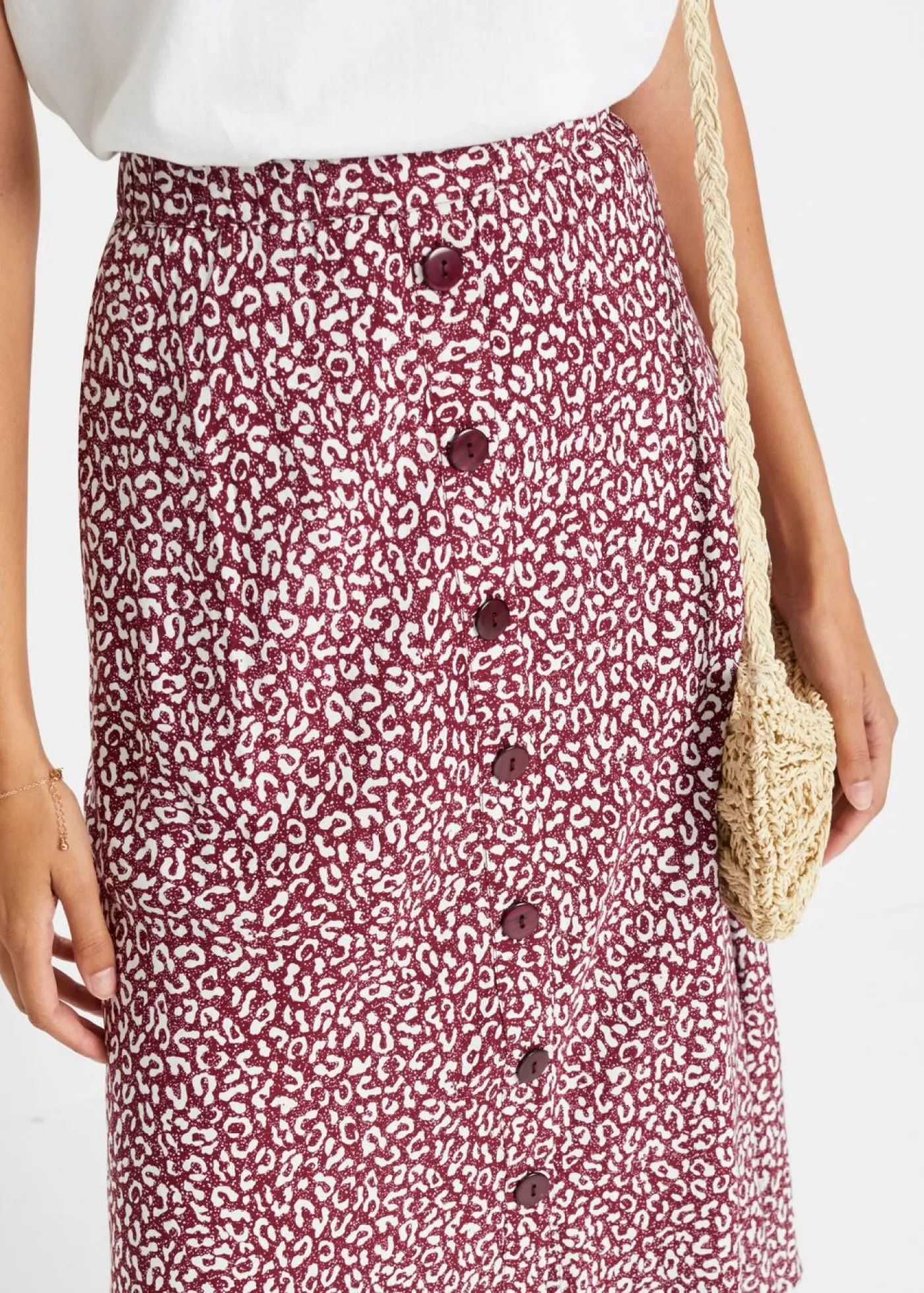 bonprix bonprix Faldas>Falda de viscosa hasta la rodilla con bolsillos y cintura cómoda estampado leo mora oscuro/blanco