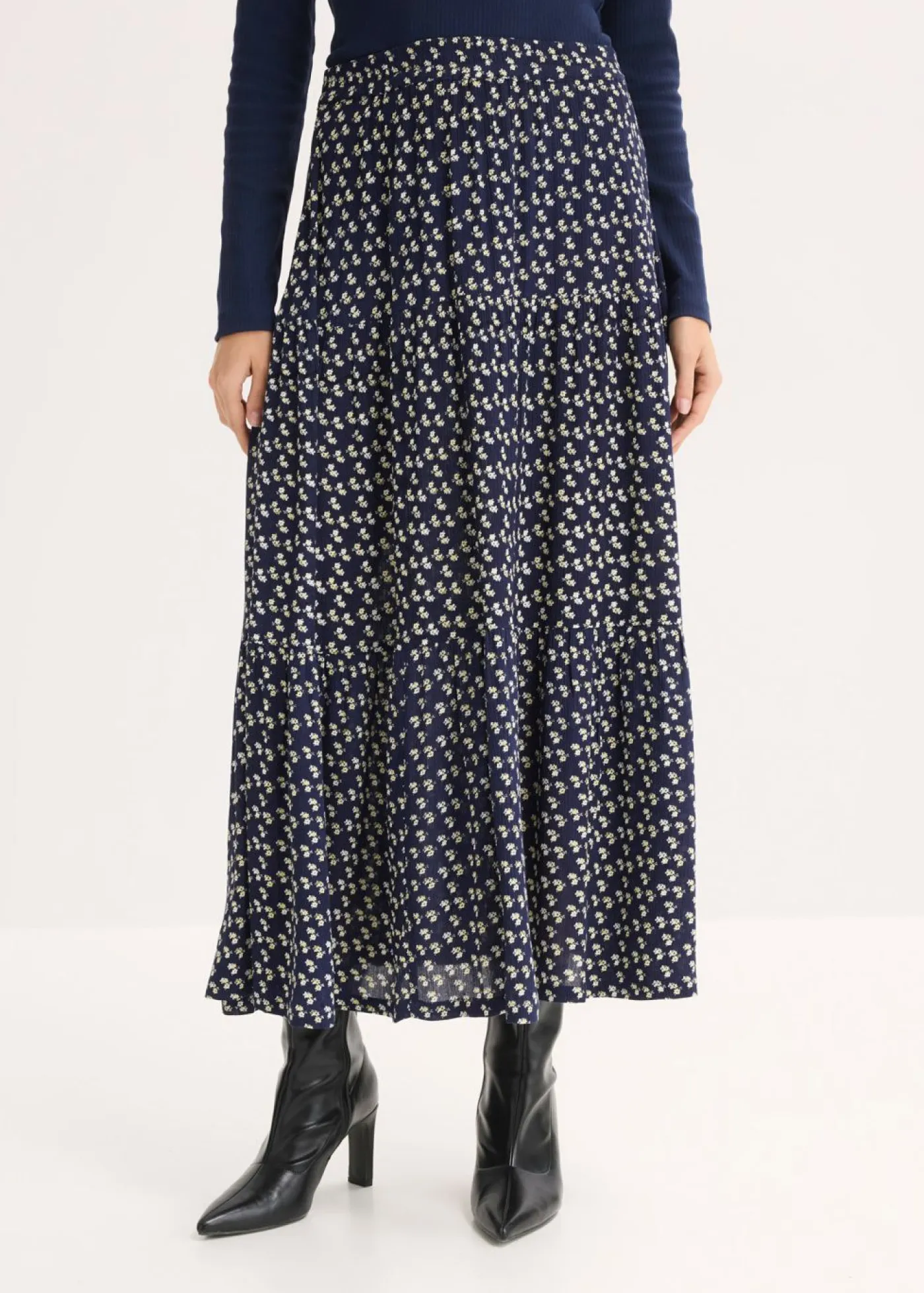 bonprix bonprix Faldas|Novedades>Falda maxi a capas con viscosa estructurada Azul marino de flores