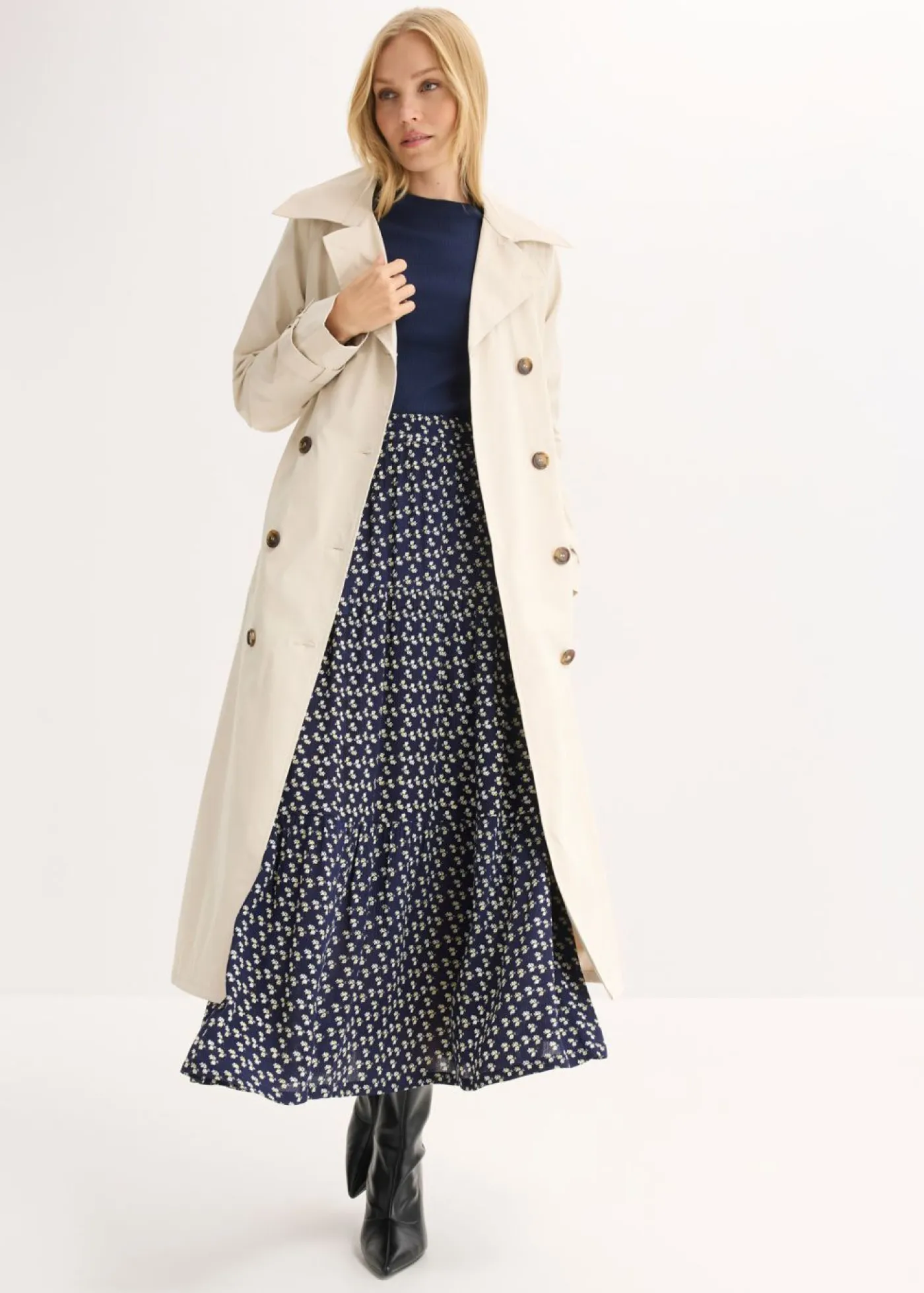 bonprix bonprix Faldas|Novedades>Falda maxi a capas con viscosa estructurada Azul marino de flores