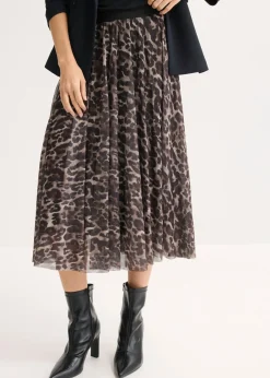 bonprix bonprix Faldas|Novedades>Falda midi acampanada con malla Marrón-negro con estampado de leopardo
