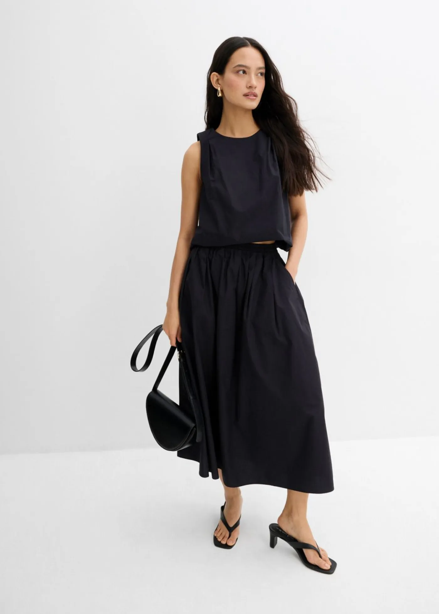 bonprix bonprix Conjuntos De Ropa|Esenciales>Falda midi de algodón puro Negro