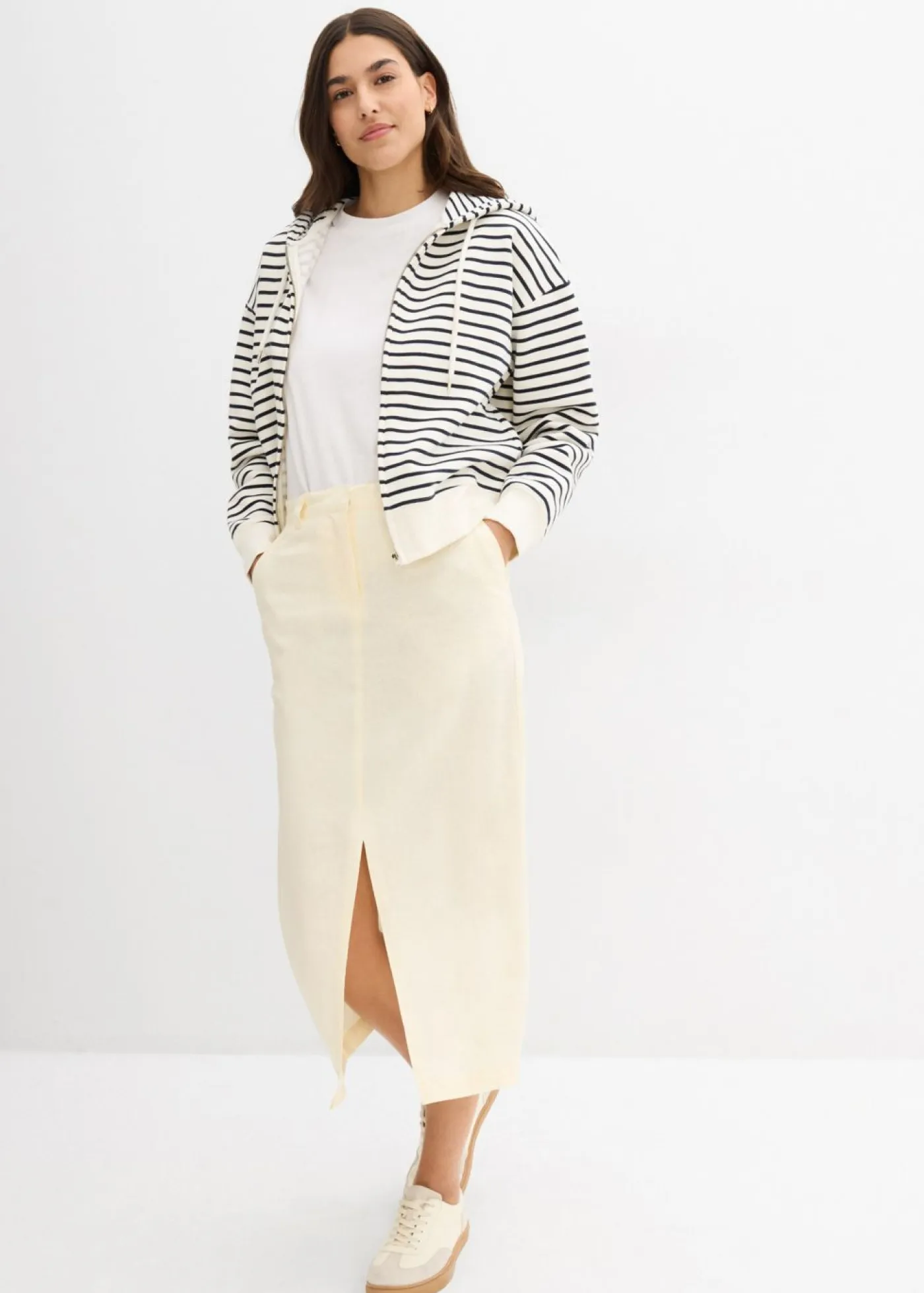 bonprix bonprix Faldas>Falda midi de mezcla de lino vaporosa Blanco-crema