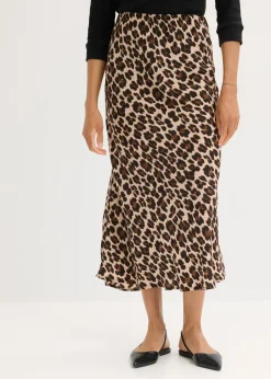bonprix bonprix Faldas>Falda midi de satén fluido estampado leo marrón