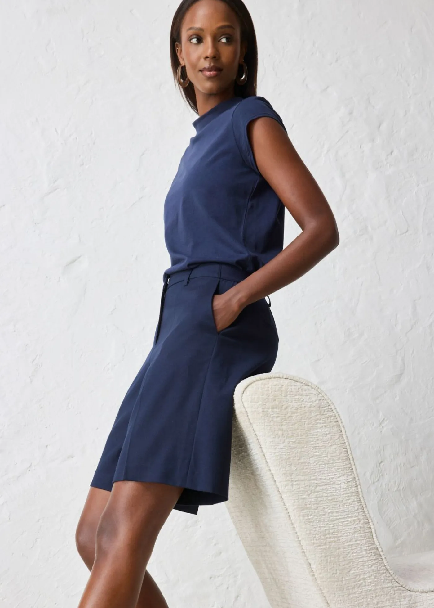 bonprix bonprix Premium|Pantalones>Falda pantalón con contenido de lana azul marino moteado