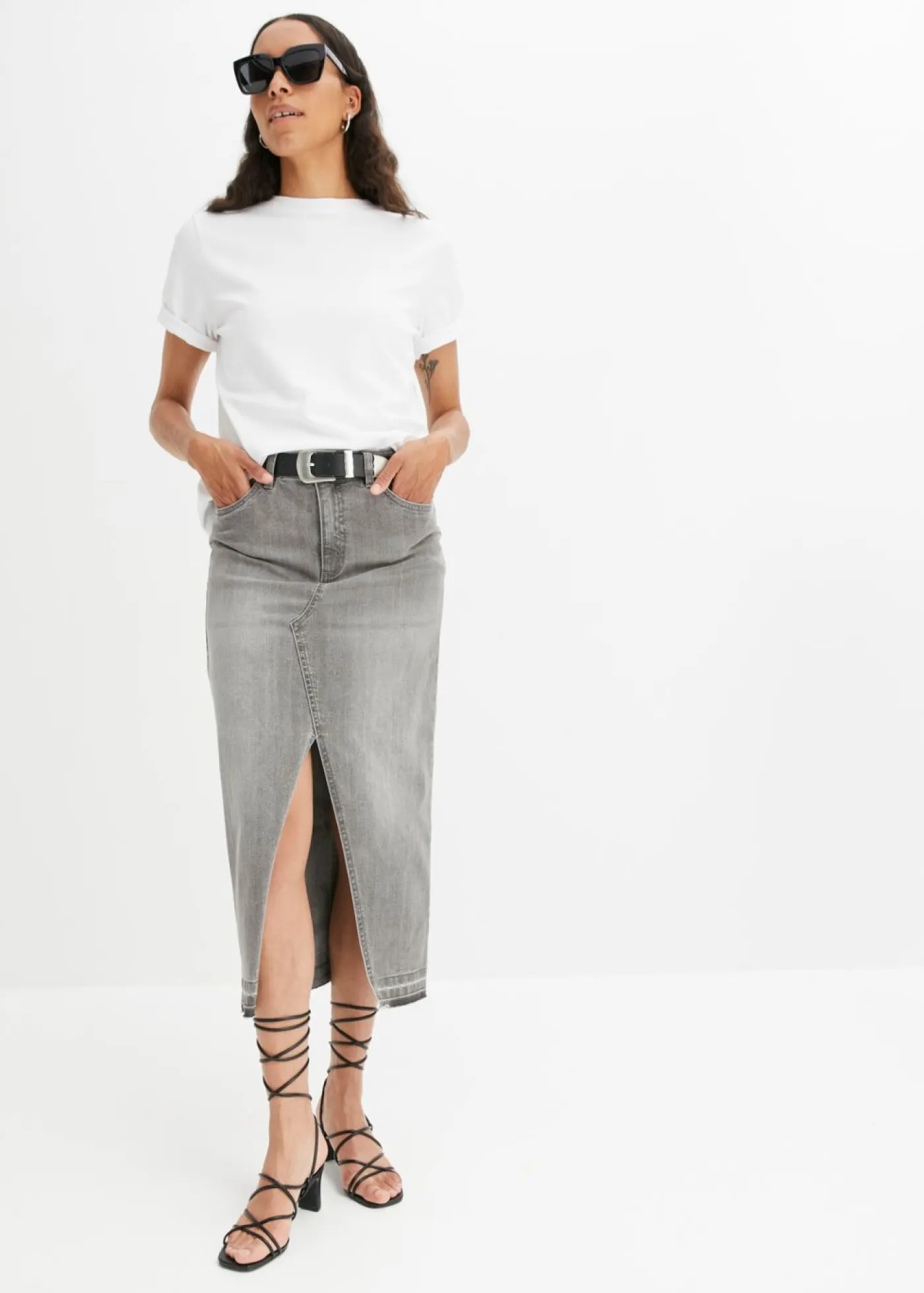 bonprix bonprix Faldas>Falda vaquera con abertura denim gris claro