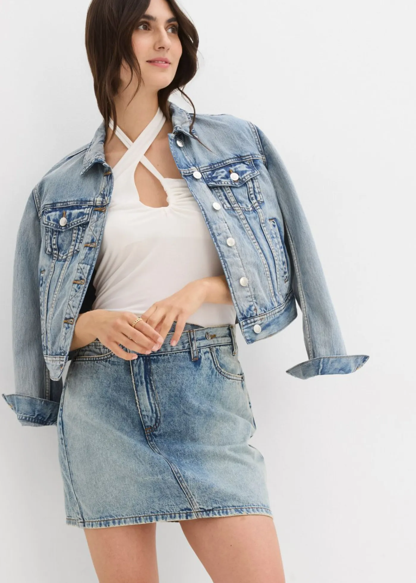 bonprix bonprix Faldas>Falda vaquera con cinturilla asimétrica Azul piedra usado