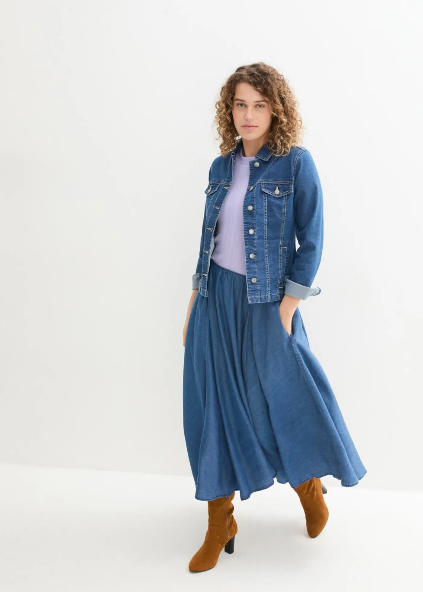 bonprix bonprix Faldas>Falda vaquera, high waist, cintura cómoda, de algodón orgánico Azul piedra