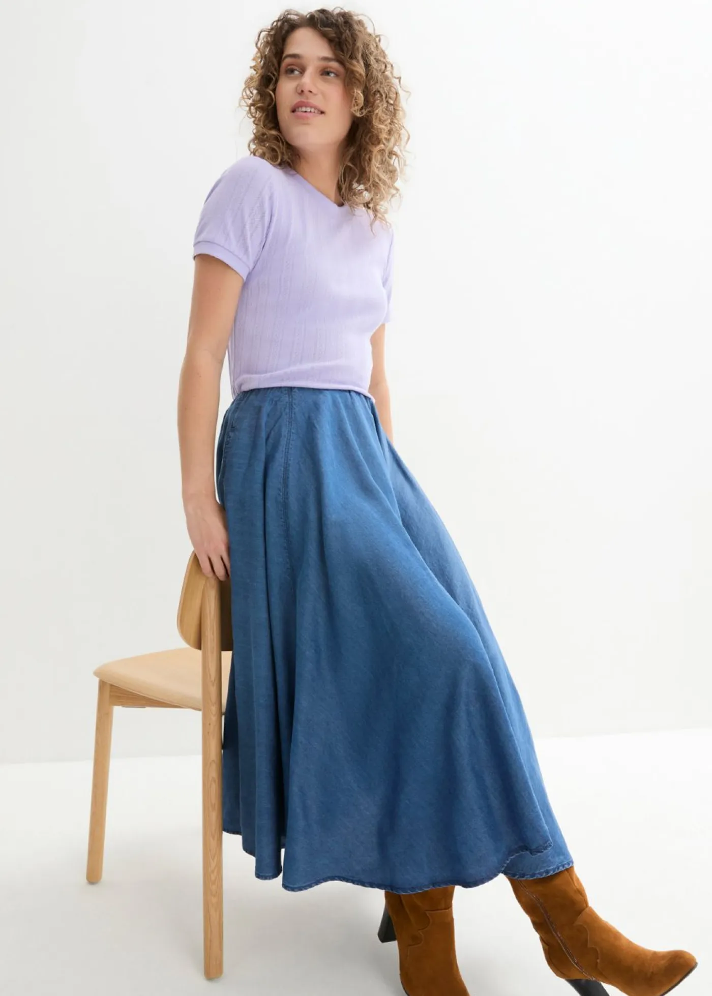 bonprix bonprix Faldas>Falda vaquera, high waist, cintura cómoda, de algodón orgánico Azul piedra