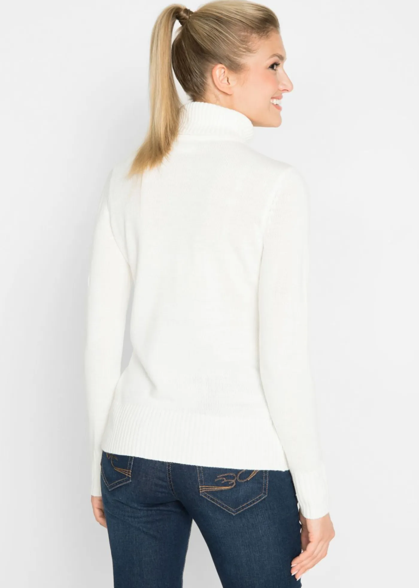 bonprix bonprix Básicos|Jerséis>Jersey básico de punto fino con cuello alto Blanco lana