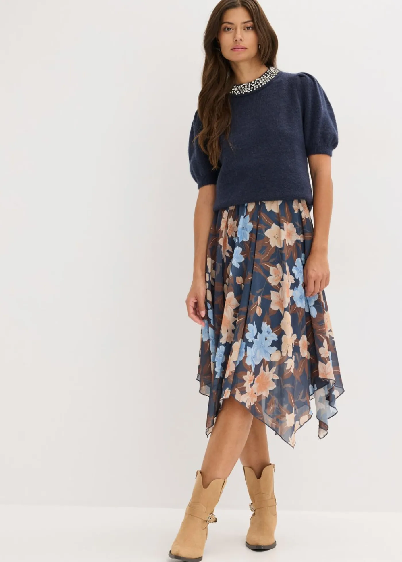 bonprix bonprix Jerséis|Ropa De Punto>Jersey con aplicación de piedras brillantes azul marino-azul oscuro moteado