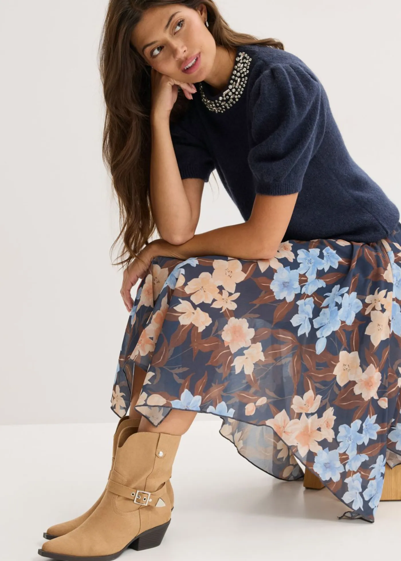 bonprix bonprix Jerséis|Ropa De Punto>Jersey con aplicación de piedras brillantes azul marino-azul oscuro moteado