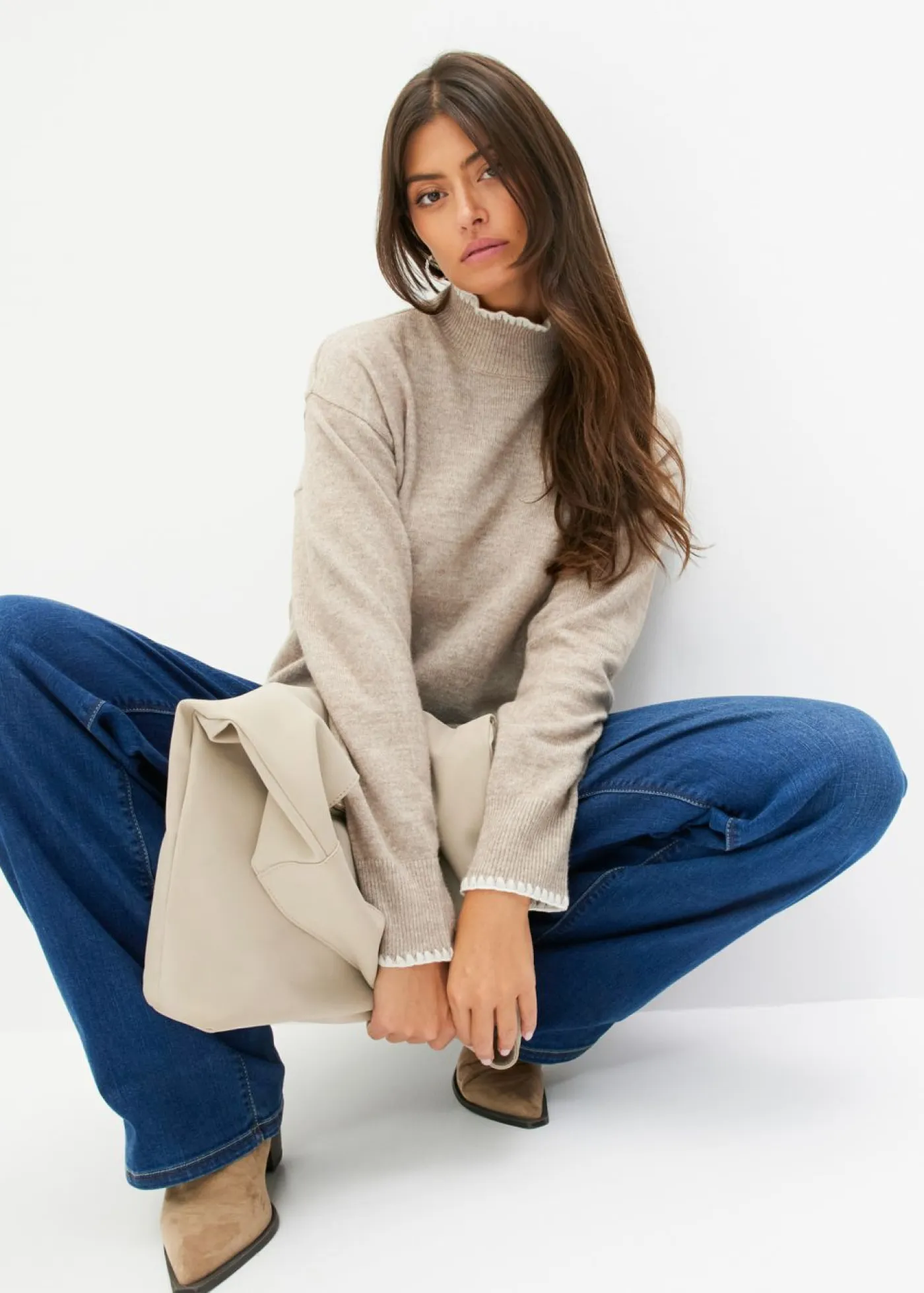 bonprix bonprix Jerséis|Ropa De Punto>Jersey con cuello alto Arena-blanco