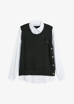 bonprix bonprix Jerséis|Ropa De Punto>Jersey con inserto de blusa Antracita jaspeado