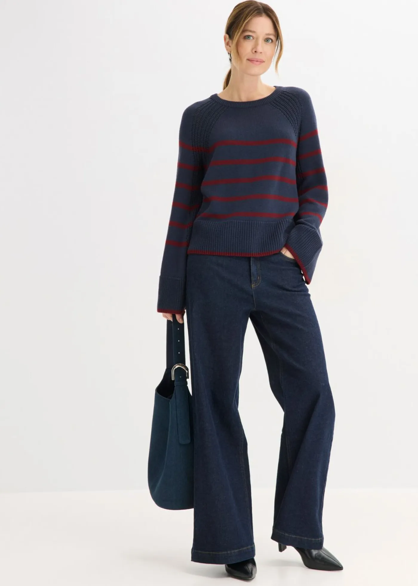 bonprix bonprix Jerséis|Ropa De Punto>Jersey con rayas en contraste Azul marino/rojo rubí de rayas