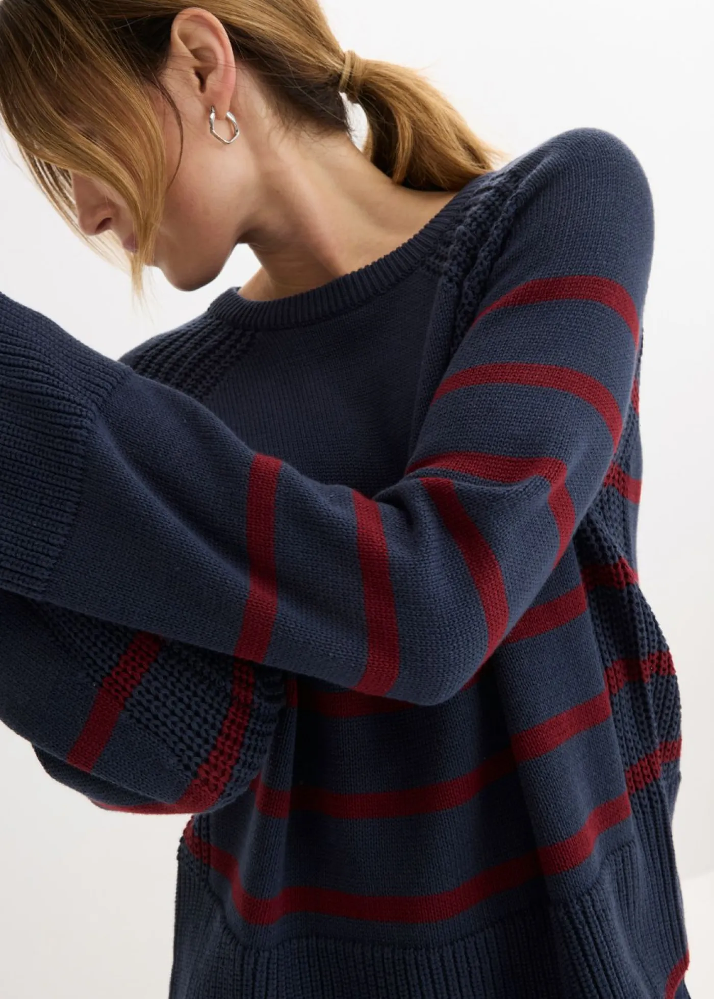 bonprix bonprix Jerséis|Ropa De Punto>Jersey con rayas en contraste Azul marino/rojo rubí de rayas