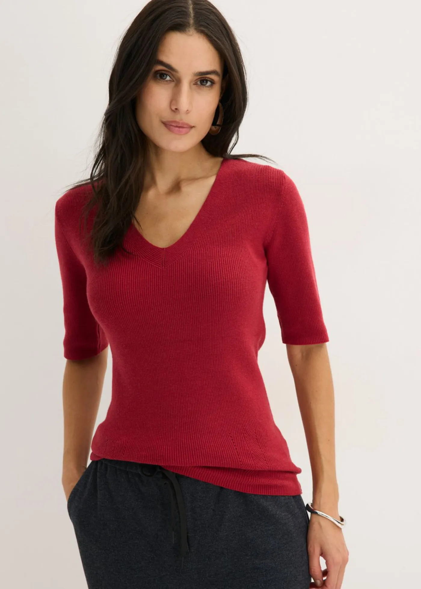 bonprix bonprix Jerséis|Ropa De Punto>Jersey de canalé de manga corta con viscosa Cereza