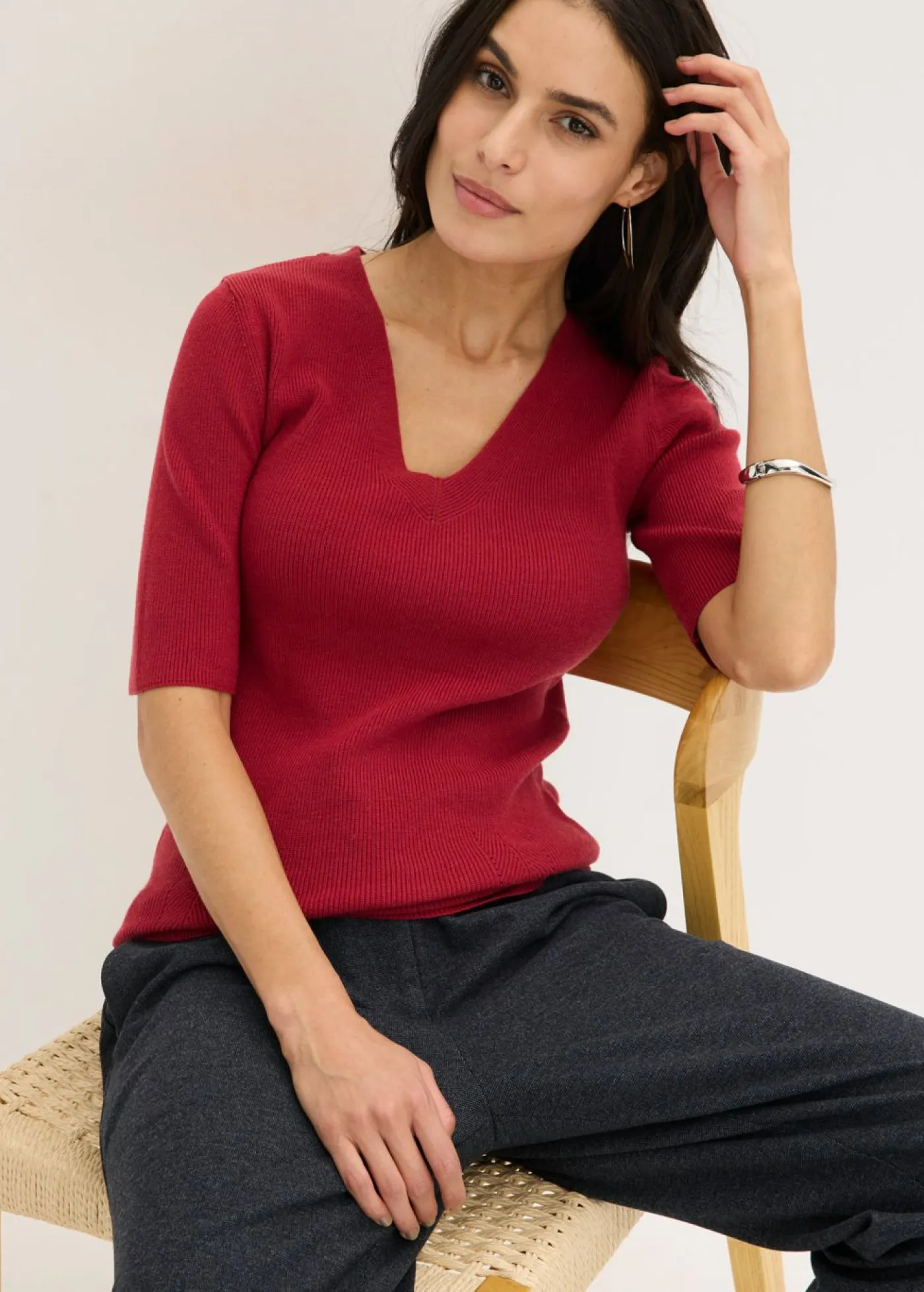 bonprix bonprix Jerséis|Ropa De Punto>Jersey de canalé de manga corta con viscosa Cereza