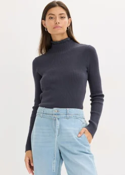 bonprix bonprix Jerséis|Ropa De Punto>Jersey de canalé de mezcla de viscosa fluida Azul oscuro