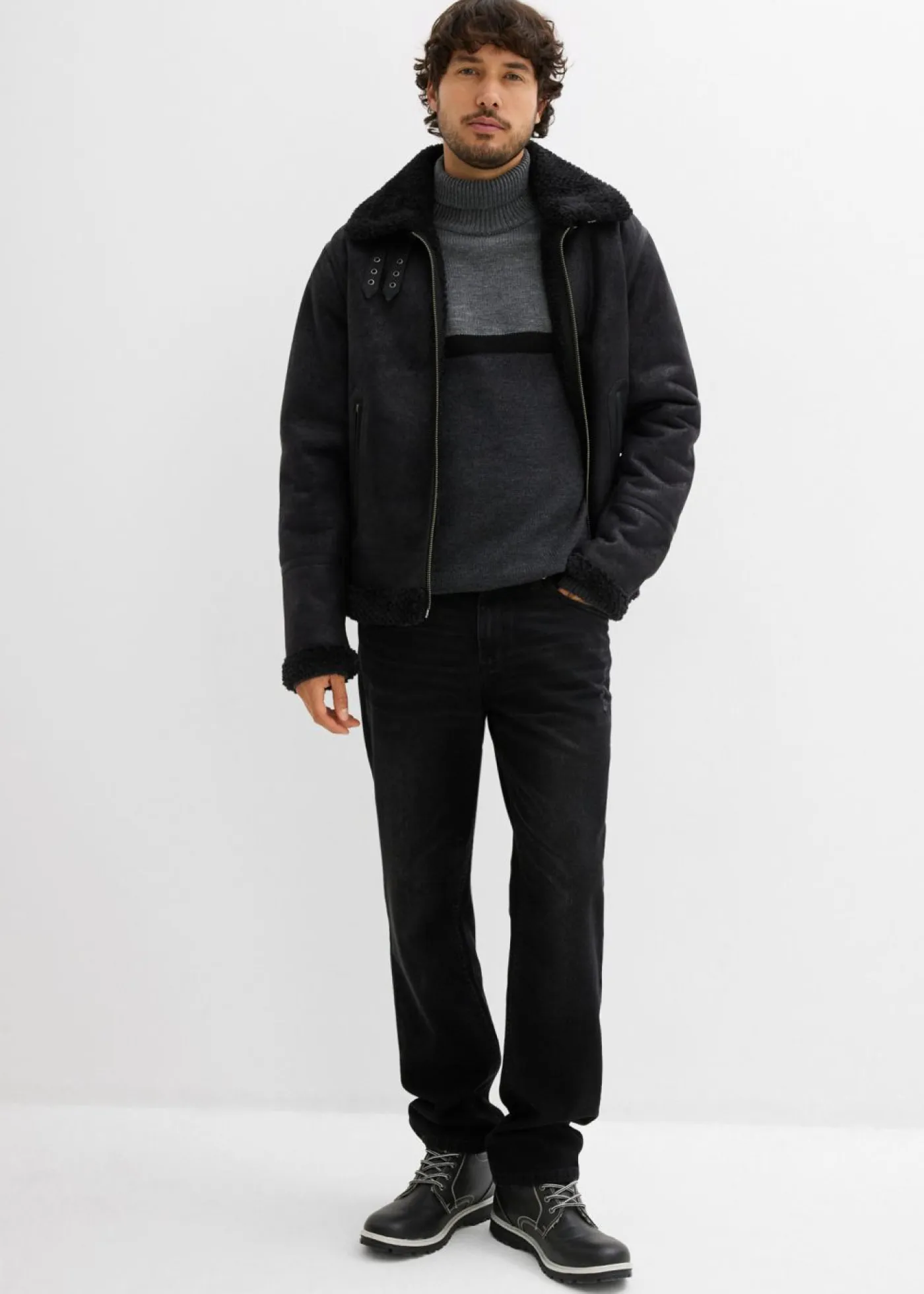 bonprix bonprix Jerséis Y Cárdigans>Jersey de cuello alto con diseño color block Gris-negro-antracita jaspeado