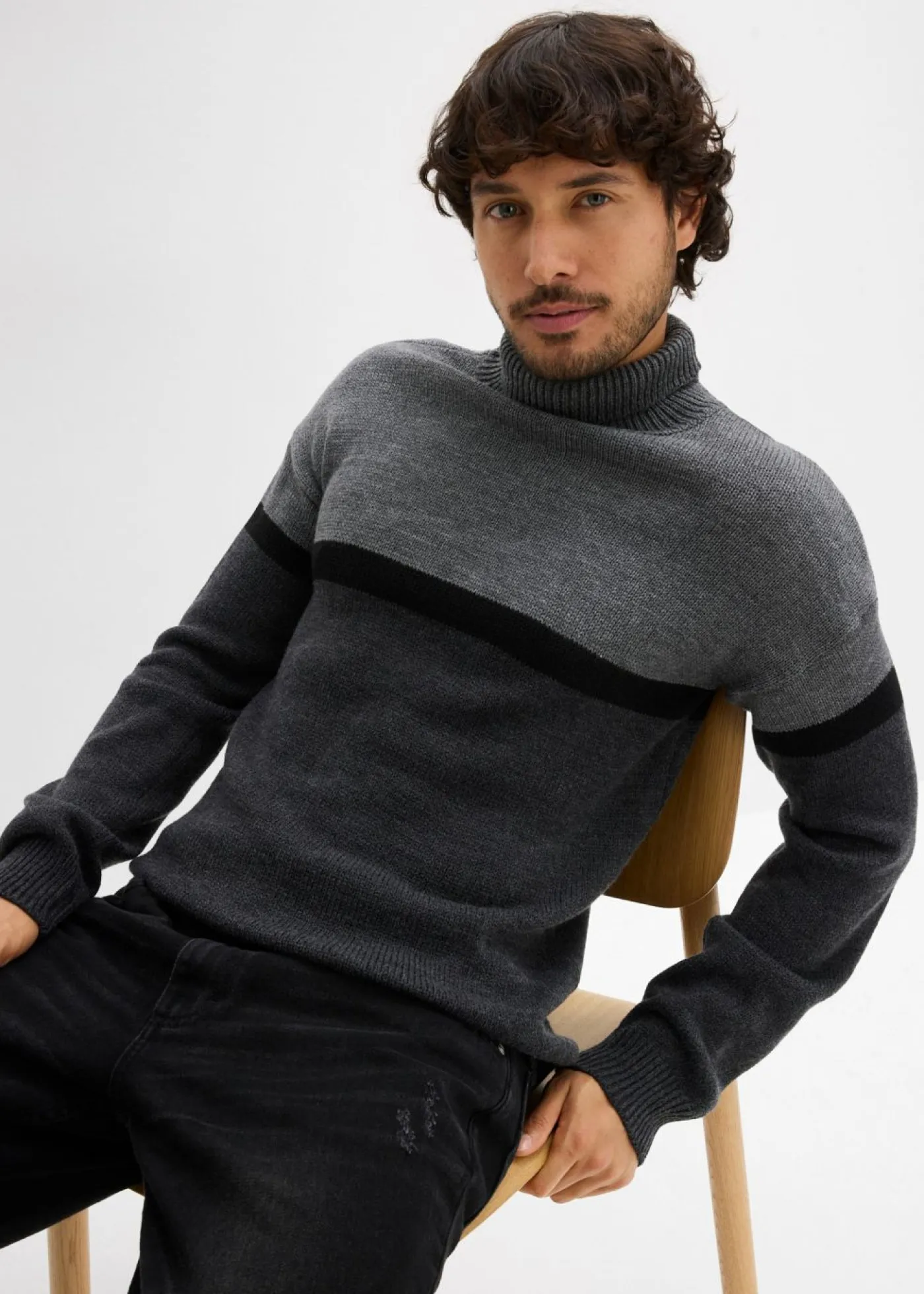 bonprix bonprix Jerséis Y Cárdigans>Jersey de cuello alto con diseño color block Gris-negro-antracita jaspeado