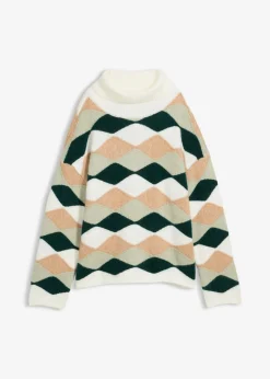 bonprix bonprix Jerséis|Ropa De Punto>Jersey de cuello alto con patrón blanco lana/verde alga/verde intenso/capuchino