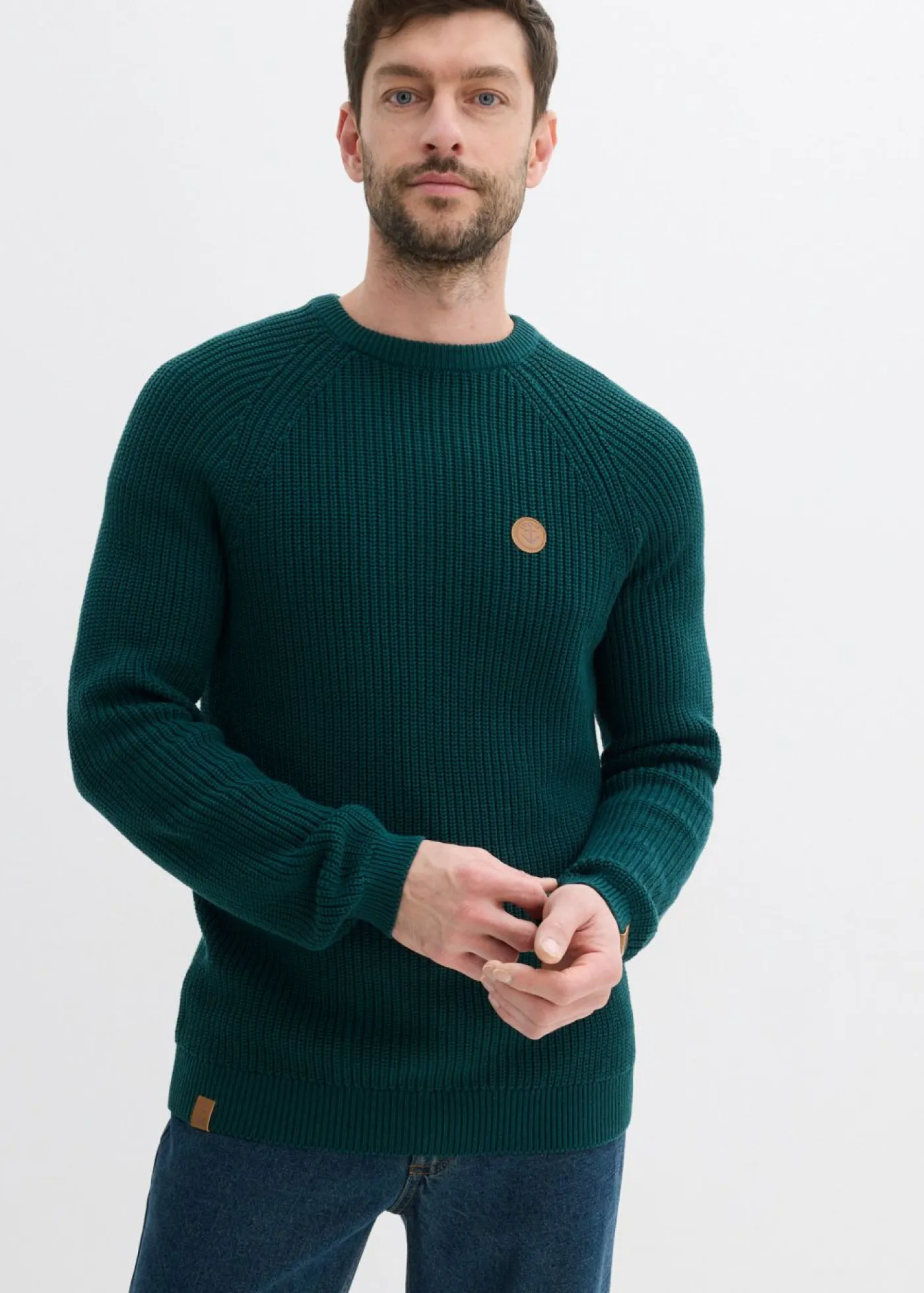 bonprix bonprix Básicos En Rebajas|Jerséis Y Cárdigans>Jersey de cuello redondo en suave mezcla de algodón Verde