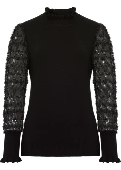 Mujer bonprix bonprix Jersey de cuello vuelto con mangas decorativas de gasa